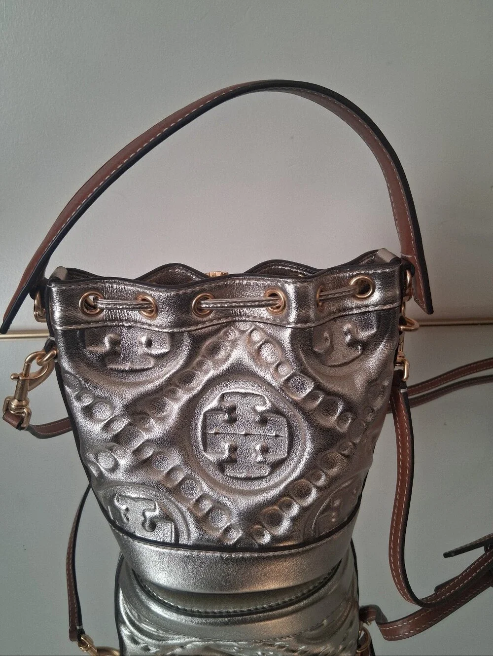 Tory Burch Mini T Monogram Metallic Bucket Bag